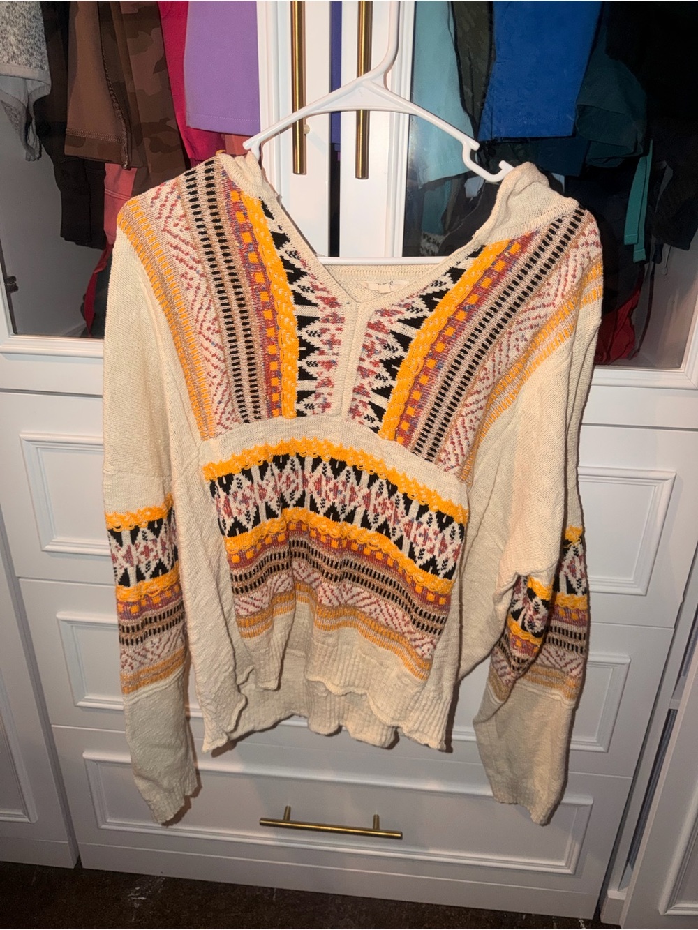easel Cream Knit Hoodie with Yellow, Black & Pink Fair Isle Accents